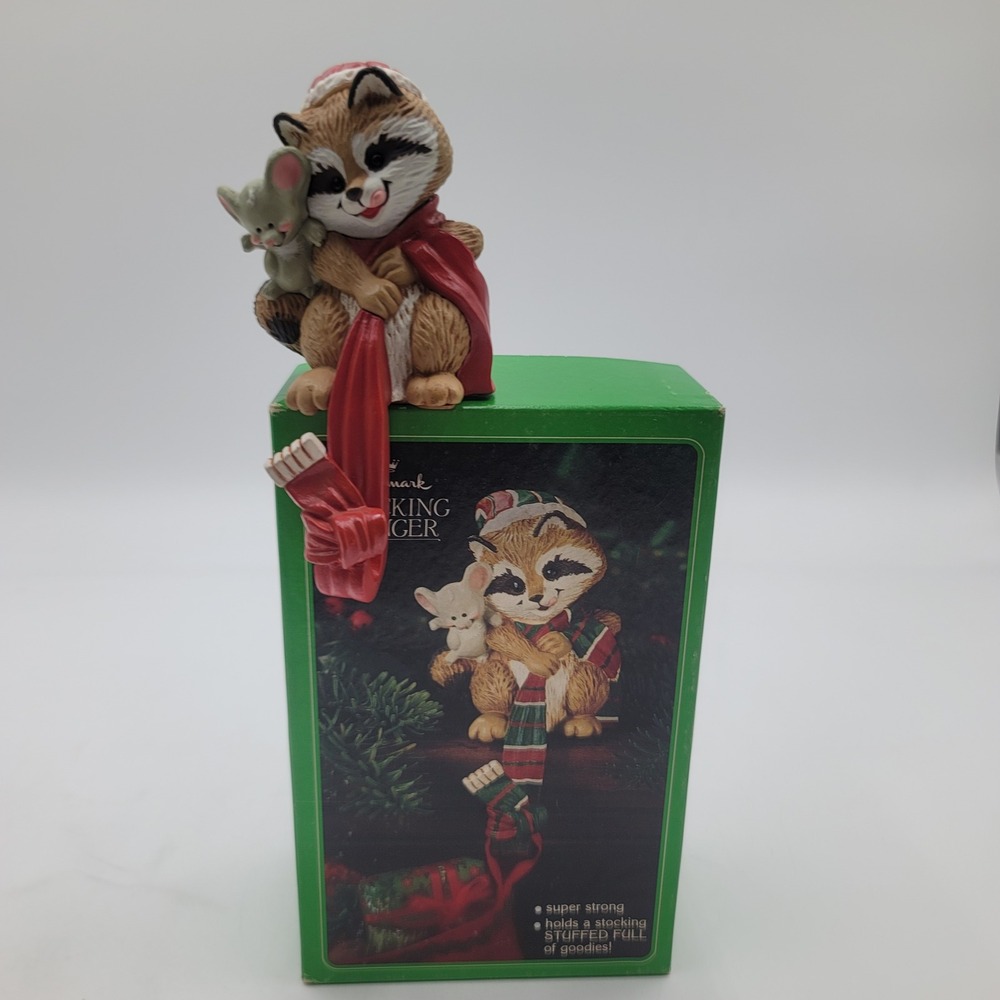 VTG Hallmark Raccoon and Mouse Stocking Hanger Christmas Mantel Decor QSH810-6